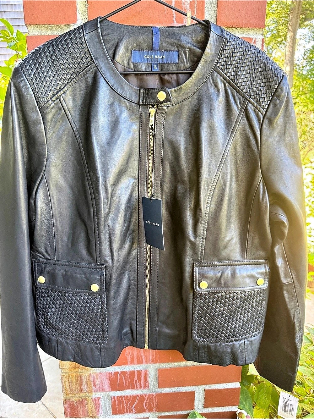Cole Haan Woven Detail Leather Jacket Black XXL